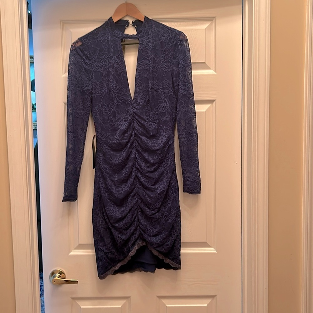 Bebe Women's Blue Asymmetrical Lace Dress Open Back NWT
